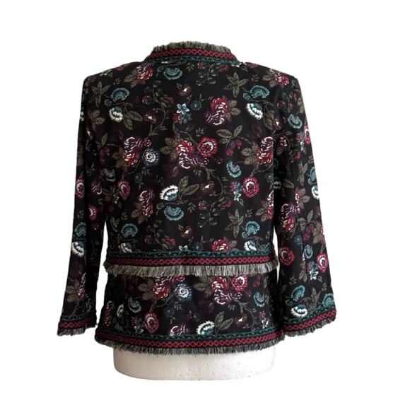 Loft Outlet Black Floral Fringe Embroidered 3/4 Sleeve Open Front Blazer Size 8 - Picture 4 of 12